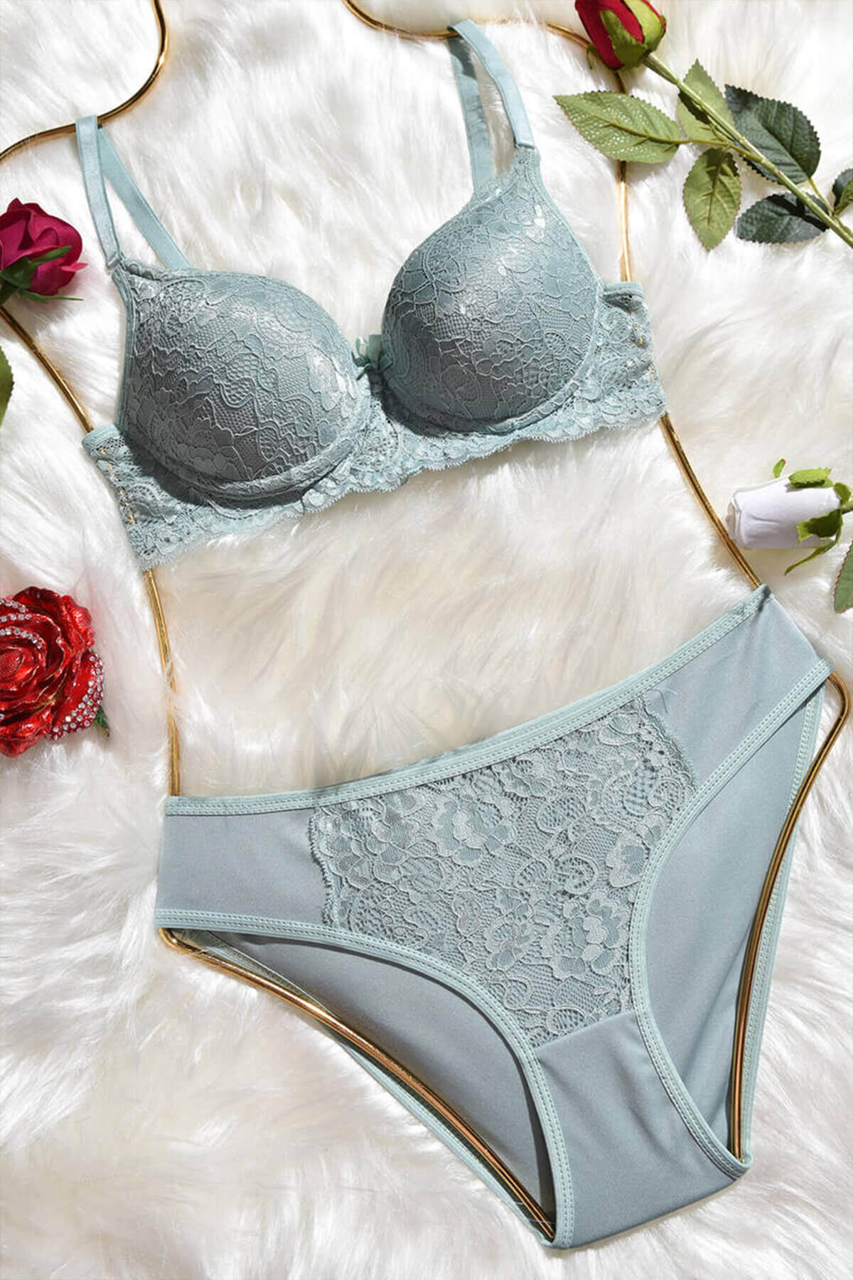Dantelli Destekli Push Up Mint Yesili Sutyen Takimi Bm1060 Icgiyimist