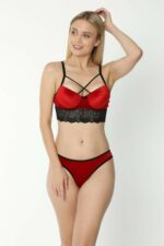 Dantelli Push Up Kırmızı Kadife Bralet Sütyen Takımı BM1080