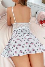 Beyaz Fantezi Seksi Çiçek Desenli Mini Gecelik Babydoll