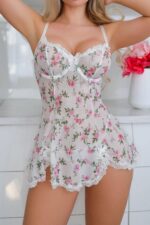 Beyaz Fantezi Seksi Çiçek Desenli Süper Mini Gecelik Babydoll
