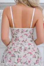 Beyaz Fantezi Seksi Çiçek Desenli Süper Mini Gecelik Babydoll