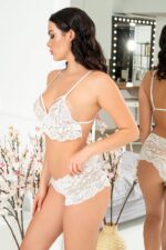 Beyaz Fantezi Seksi Dantelli Büstiyer Şort Takımı