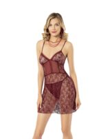 Bordo Fantezi Seksi Desenli Dantelli Transparan Babydoll Takımı AC1006