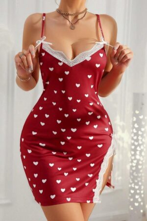Bordo Fantezi Seksi Kalp Desenli Yırtmaçlı Gecelik 15921.6.S