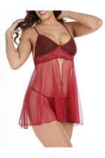 Bordo Fantezi Seksi Transparan Babydoll Gecelik Takımı 670