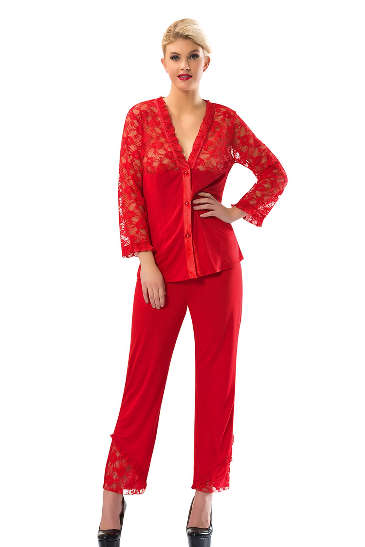 Dantelli Çeyizlik Kırmızı Pijama Takımı Dantelli Çeyizlik Kırmızı Pijama Takımı