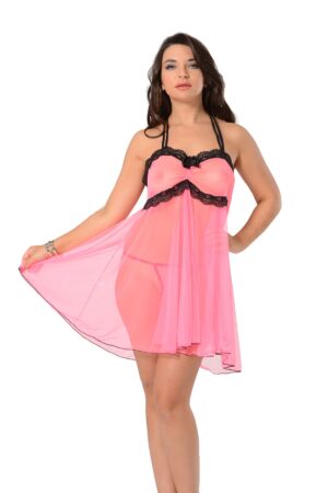 Fuşya Fantezi Seksi Dantel Detaylı Transparan Tül Babydoll Takımı 662