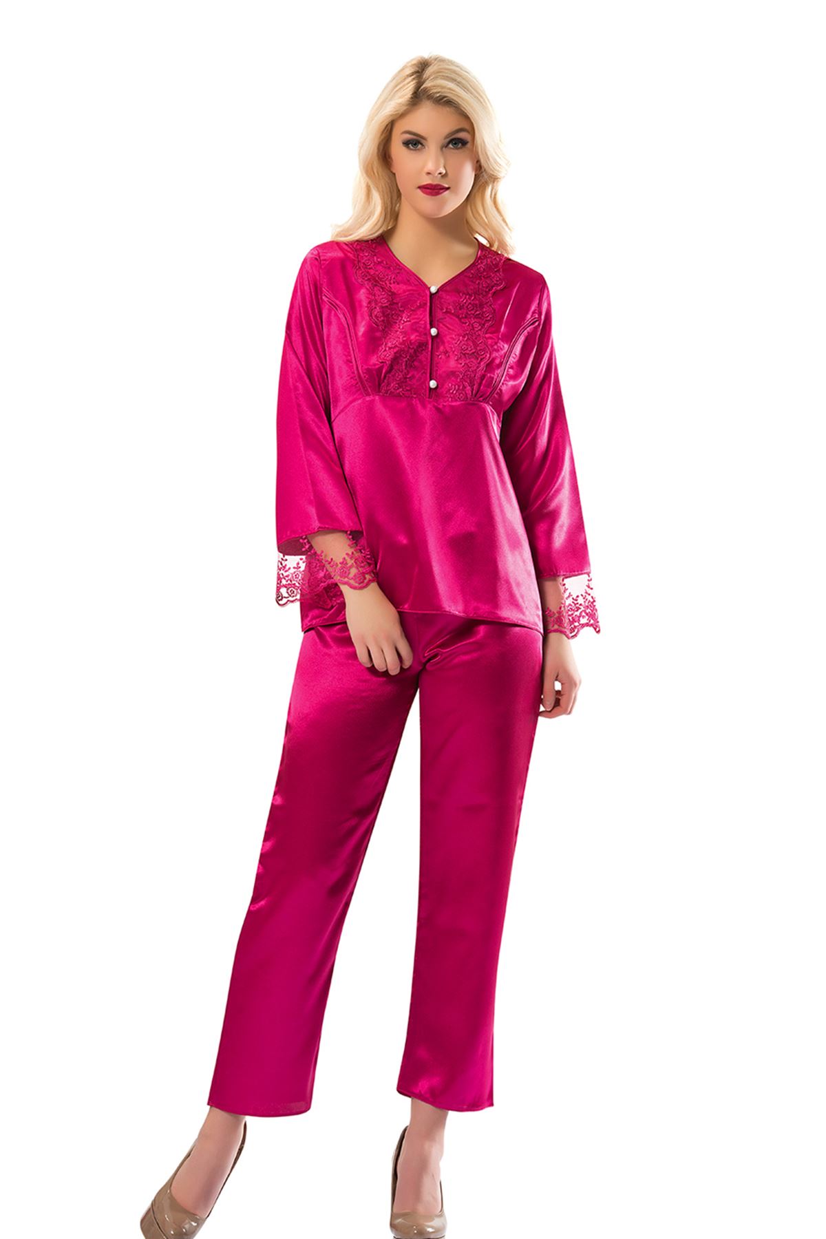 Fuşya Fantezi Seksi Saten Çeyizlik Pijama Takımı Fuşya Fantezi Seksi Saten Çeyizlik Pijama Takımı