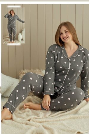 Gri Kalp Desenli Büyük Beden Pijama Takımı K-280