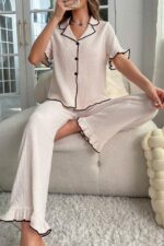 Kadın Bej Fırfır Detaylı Pijama Takımı 7167.81.S