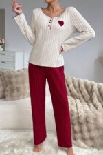 Kadın Bordo Pamuklu Kalp Desenli Pijama Takımı 7107.6.S