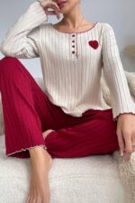 Kadın Bordo Pamuklu Kalp Desenli Pijama Takımı 7107.6.S