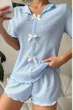 Kadın Mavi Pamuklu Fiyonk Detaylı Pijama Takımı 7711