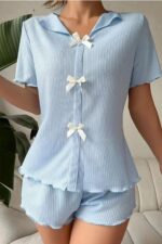 Kadın Mavi Pamuklu Fiyonk Detaylı Pijama Takımı 7711