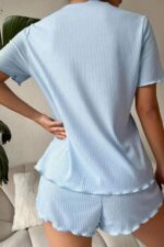 Kadın Mavi Pamuklu Fiyonk Detaylı Pijama Takımı 7711