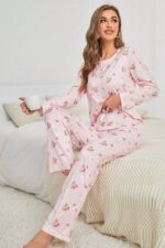 Kadın Pembe Çiçek Desenli Pijama Takımı 7131.56.S