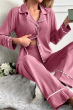 Kadın Pembe Pamuklu Düğme Detaylı Pijama Takımı 7145.19.S