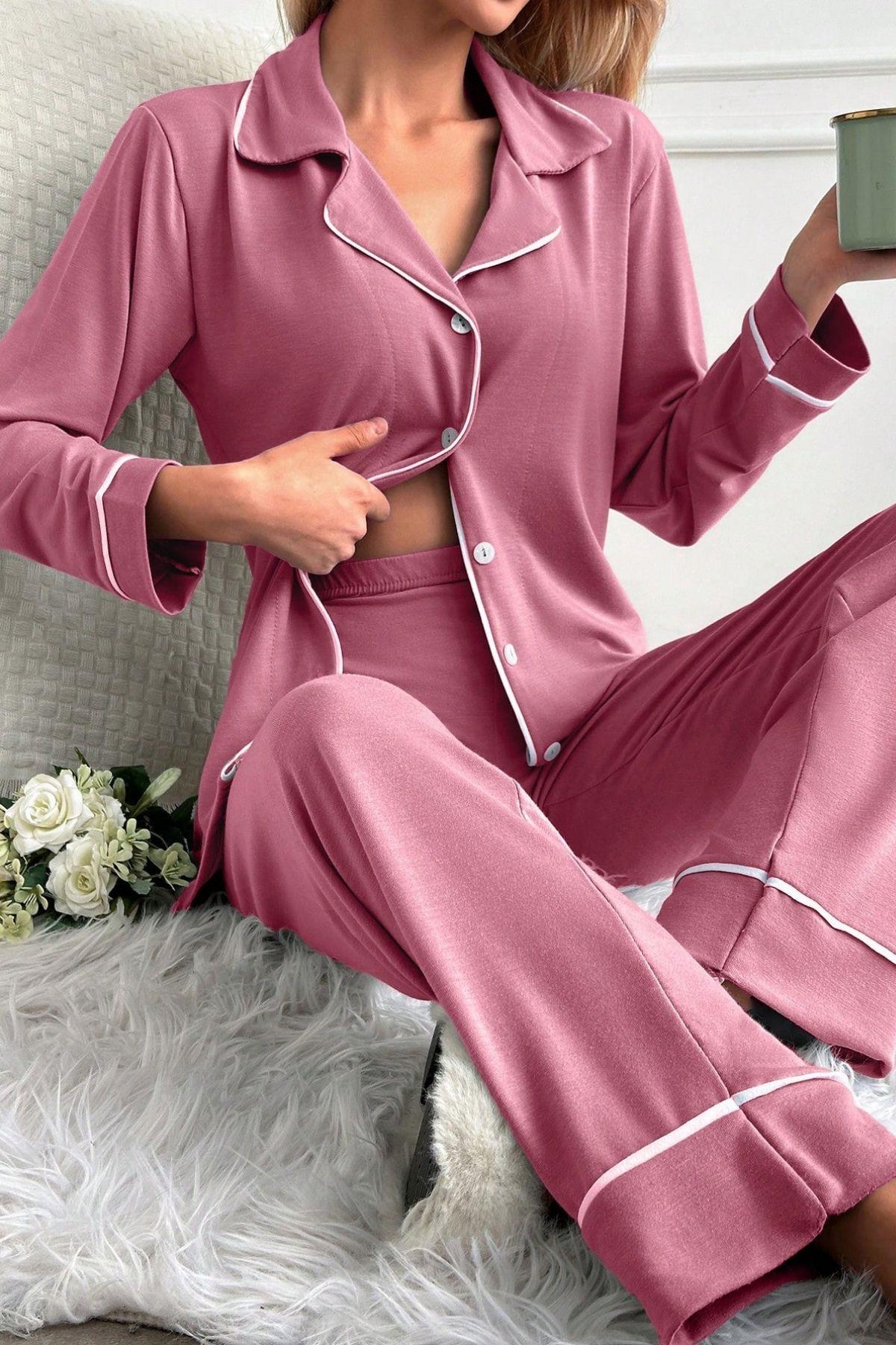 Kadın Pembe Pamuklu Düğme Detaylı Pijama Takımı 7145.19.S Kadın Pembe Pamuklu Düğme Detaylı Pijama Takımı 7145.19.S