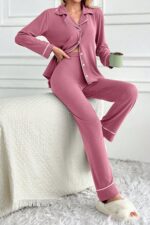 Kadın Pembe Pamuklu Düğme Detaylı Pijama Takımı 7145.19.S