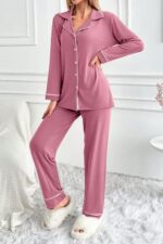Kadın Pembe Pamuklu Düğme Detaylı Pijama Takımı 7145.19.S