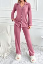 Kadın Pembe Pamuklu Düğme Detaylı Pijama Takımı 7145.19.S