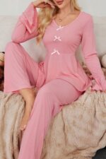 Kadın Pembe Pamuklu Fioynklu Pijama Takımı 7141.56.S