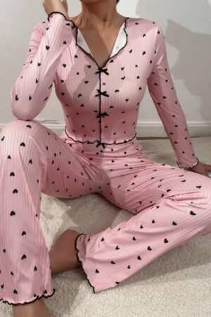 Kadın Pembe Pembe Fiyonk Detaylı Kalpli Pijama Takımı 7171