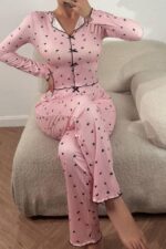 Kadın Pembe Pembe Fiyonk Detaylı Kalpli Pijama Takımı 7171