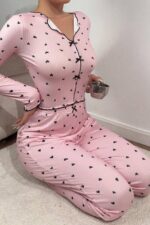 Kadın Pembe Pembe Fiyonk Detaylı Kalpli Pijama Takımı 7171