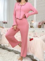 Kadın Pembe Uzun Kollu Pamuklu Pijama Takım 7133