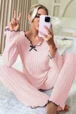 Kadın Pembe Uzun Kollu Pamuklu Pijama Takımı 7075