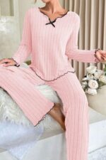 Kadın Pembe Uzun Kollu Pamuklu Pijama Takımı 7075