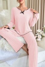 Kadın Pembe Uzun Kollu Pamuklu Pijama Takımı 7075