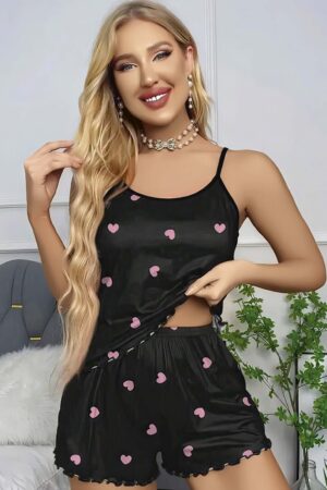 Kadın Siyah Kalp Desenli Şort Takımı UOHIHJ2532