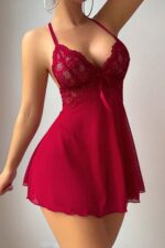 Kırmızı Fantezi Seksi Dantel Detaylı Mini Gecelik Babydoll Takımı