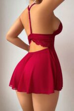 Kırmızı Fantezi Seksi Dantel Detaylı Mini Gecelik Babydoll Takımı