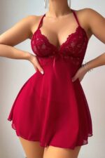 Kırmızı Fantezi Seksi Dantel Detaylı Mini Gecelik Babydoll Takımı