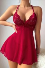 Kırmızı Fantezi Seksi Dantel Detaylı Mini Gecelik Babydoll Takımı