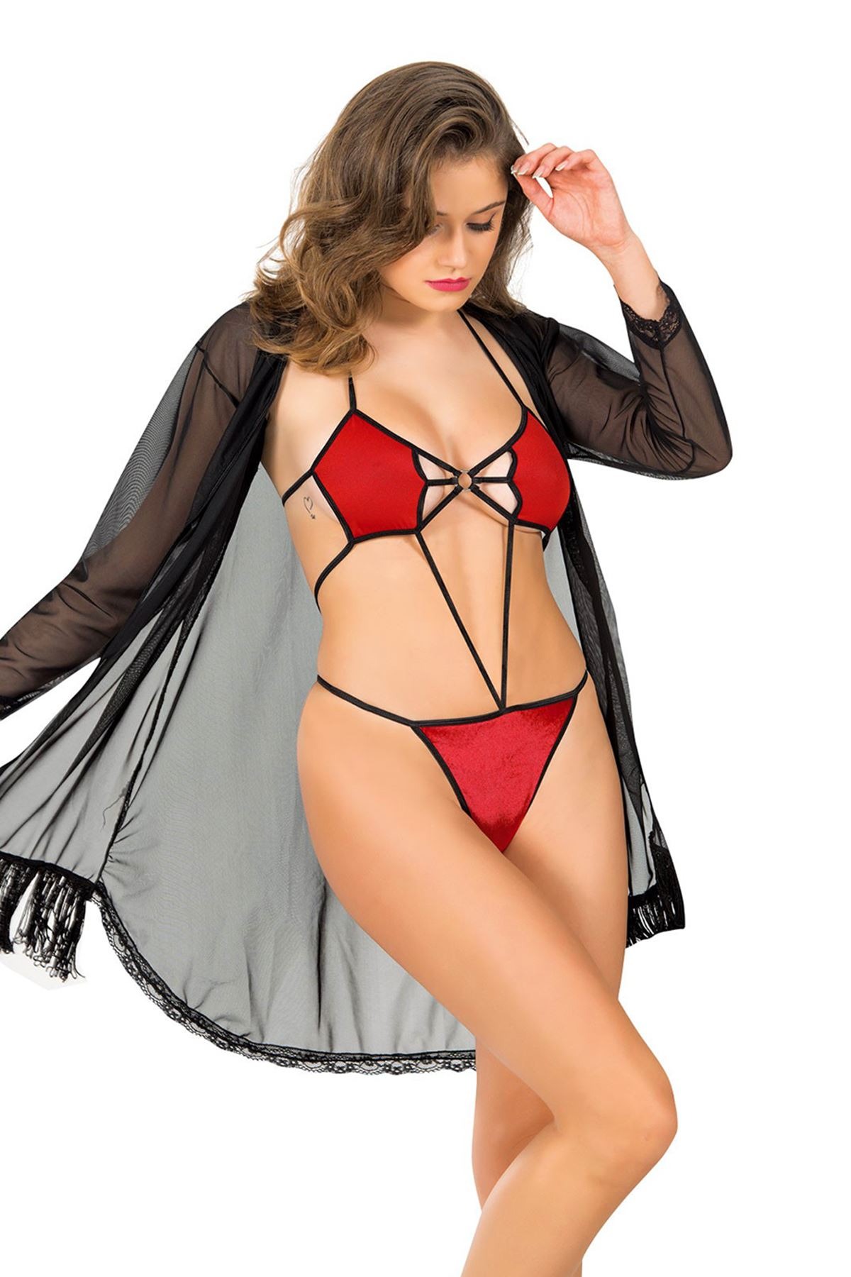 Kırmızı Fantezi Seksi Kadife Bodysuit Şifon Sabahlık Takımı Kırmızı Fantezi Seksi Kadife Bodysuit Şifon Sabahlık Takımı
