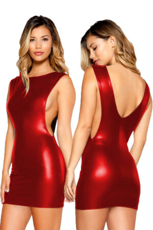Kırmızı Fantezi Seksi Sırt Dekolteli Deri Mini Elbise TP101475