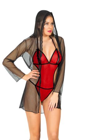 Kırmızı Fantezi Seksi Transparan Bodysuit