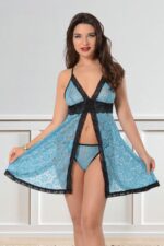Mavi Fantezi Seksi Çiçek Desenli Babydoll Gecelik Takımı