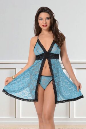 Mavi Fantezi Seksi Çiçek Desenli Babydoll Gecelik Takımı