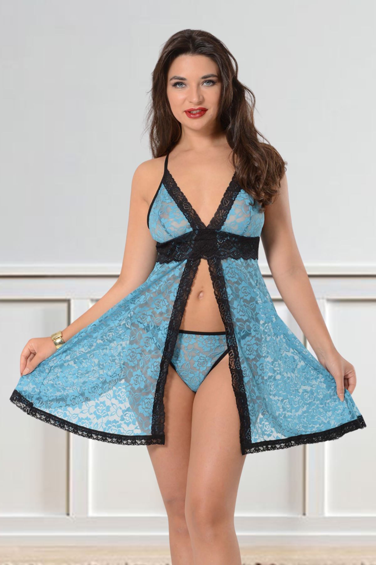 Mavi Fantezi Seksi Çiçek Desenli Babydoll Gecelik Takımı Mavi Fantezi Seksi Çiçek Desenli Babydoll Gecelik Takımı