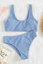 Mavi Fitilli Yüksek Bel Bikini Takımı