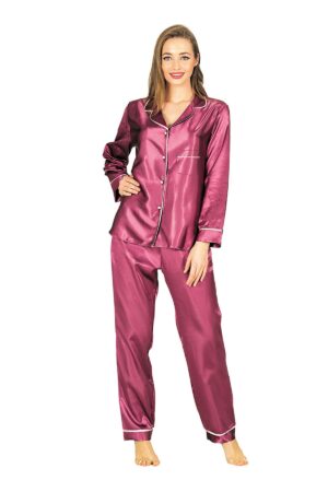 Mor Biyeli Saten Pijama Takımı