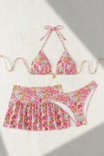 Pembe Çiçek Desenli Etekli 3 Parça Bikini Takımı