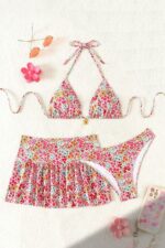 Pembe Çiçek Desenli Etekli 3 Parça Bikini Takımı