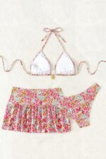 Pembe Çiçek Desenli Etekli 3 Parça Bikini Takımı