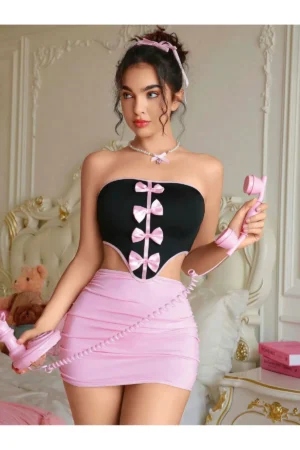 Pembe Fantezi Seksi Ekoseli Büstiyer Takımı VEİLLE1002